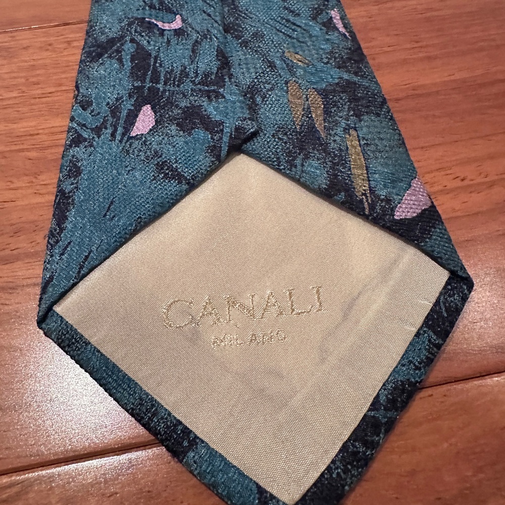Canali Dark Teal, Black, and Grayish Pink Patterned Tie 100% Silk Made in Italy - Picture 5 of 8